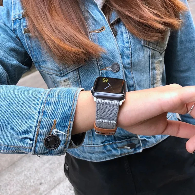 Модный ремешок из ткани и кожи для Apple Watch 38 мм 42 мм для iWatch 40 мм 44 мм Серия 2 3 4 5 ремешок для часов браслет