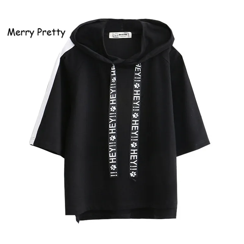 

Merry Pretty t shirt women black hooded t-shirt harajuku casual drawstring solid short sleeve cotton top streetwear bbf tshirts