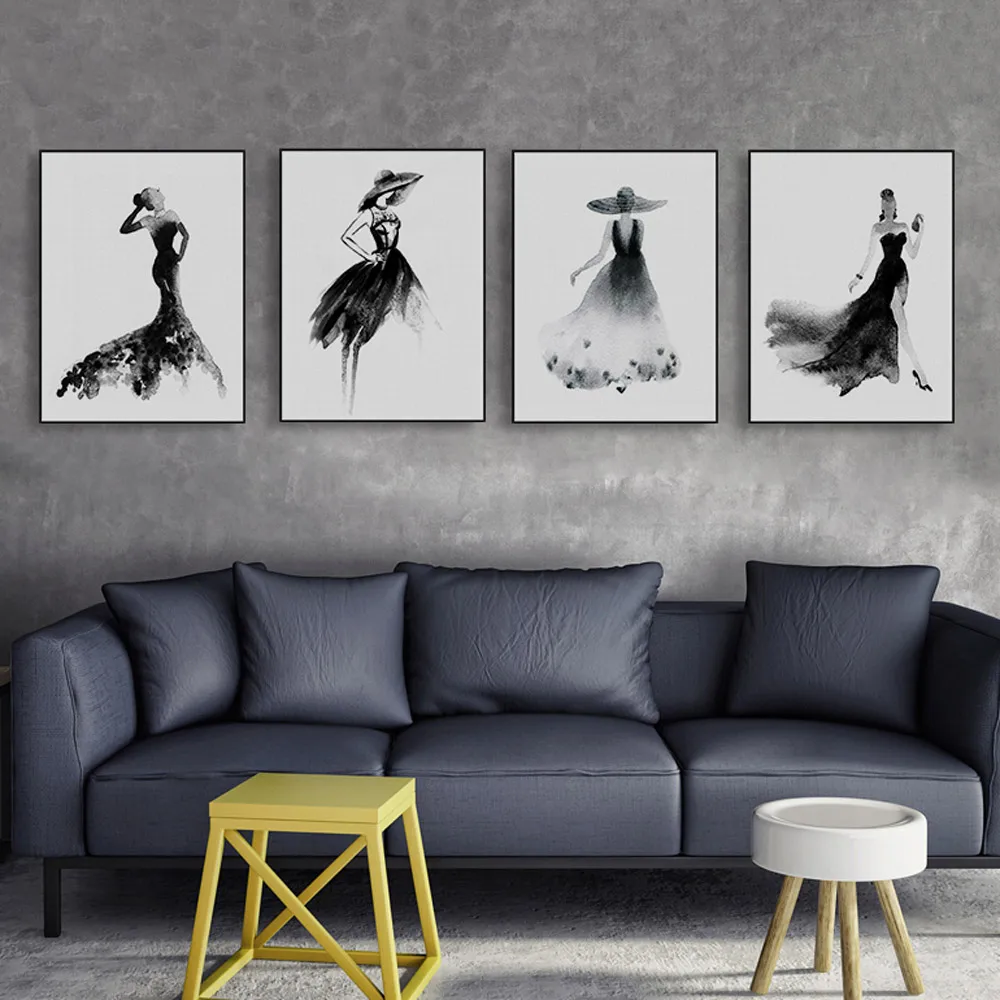 Modern Abstract Watercolor Black White Fashion Woman Prints Posters Girls  Room Wall Art Picture Home Shop Decor Canvas Painting