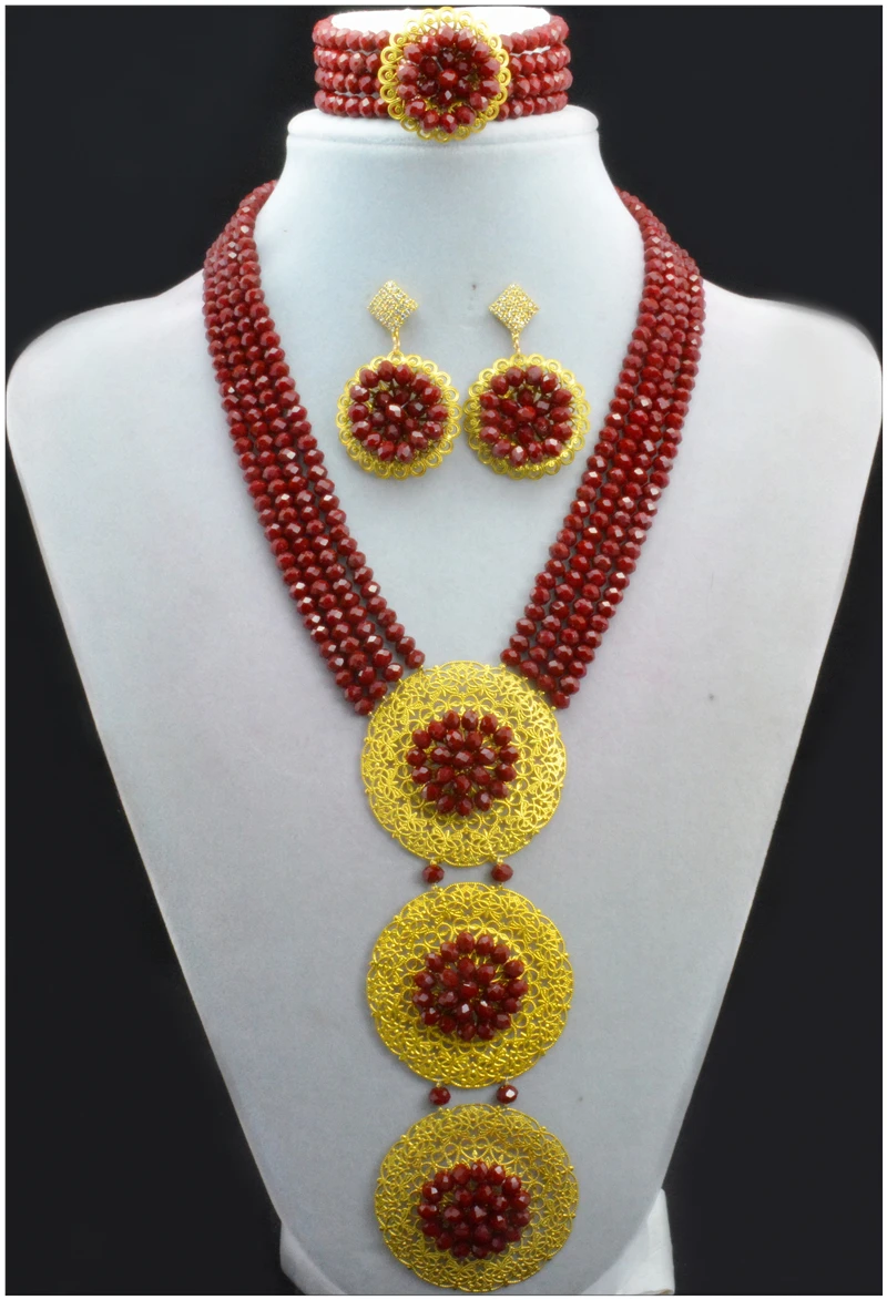 

2016 Latest Design Fashion Red Nigerian African Wedding Crystal Beads Jewelry Set Evening Party Crytal Beads Necklace