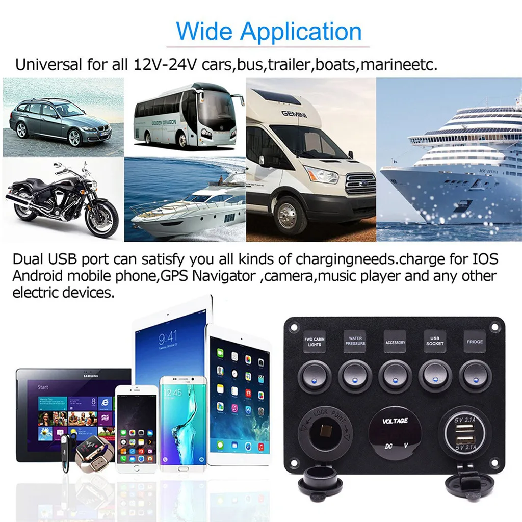 

Dual USB Socket Charger 2.1A+LED Voltmeter+12V Power Socket +5 Gang Multifunction Switch l0328