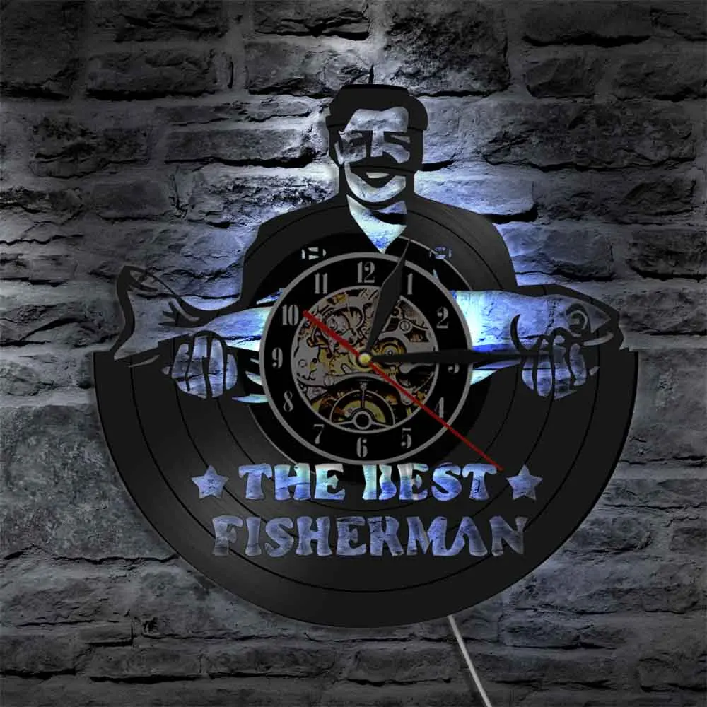 Лучший рыбак силуэт тень 3D настенные часы Go Рыбалка Рыба Виниловая пластинка настенные часы ручной работы подарок для рыбака