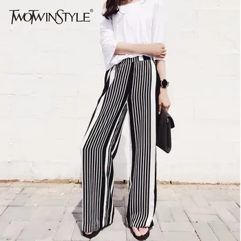 

GALCAUR Chiffon Pant Womens Striped Patchwork Elastic High Waist Oversize Long Wide Leg Trouser Spring 2018 Fashion Vintage