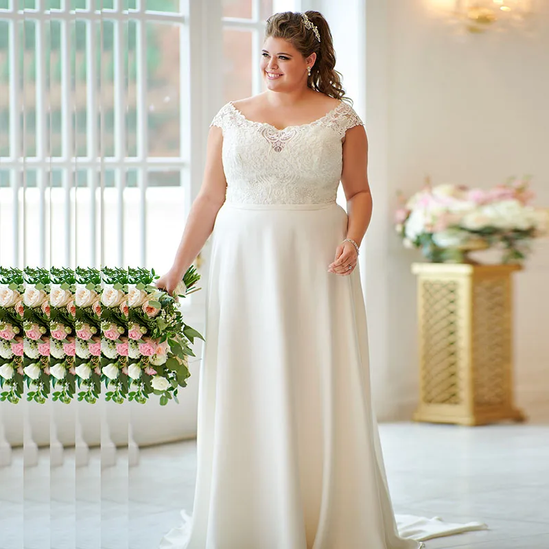 

Eightale Plus Size Wedding Dresses Scoop White Applique A Line Chiffon Cap Sleeve Sweep Train Bridal Dress Wedding Gowns 2019