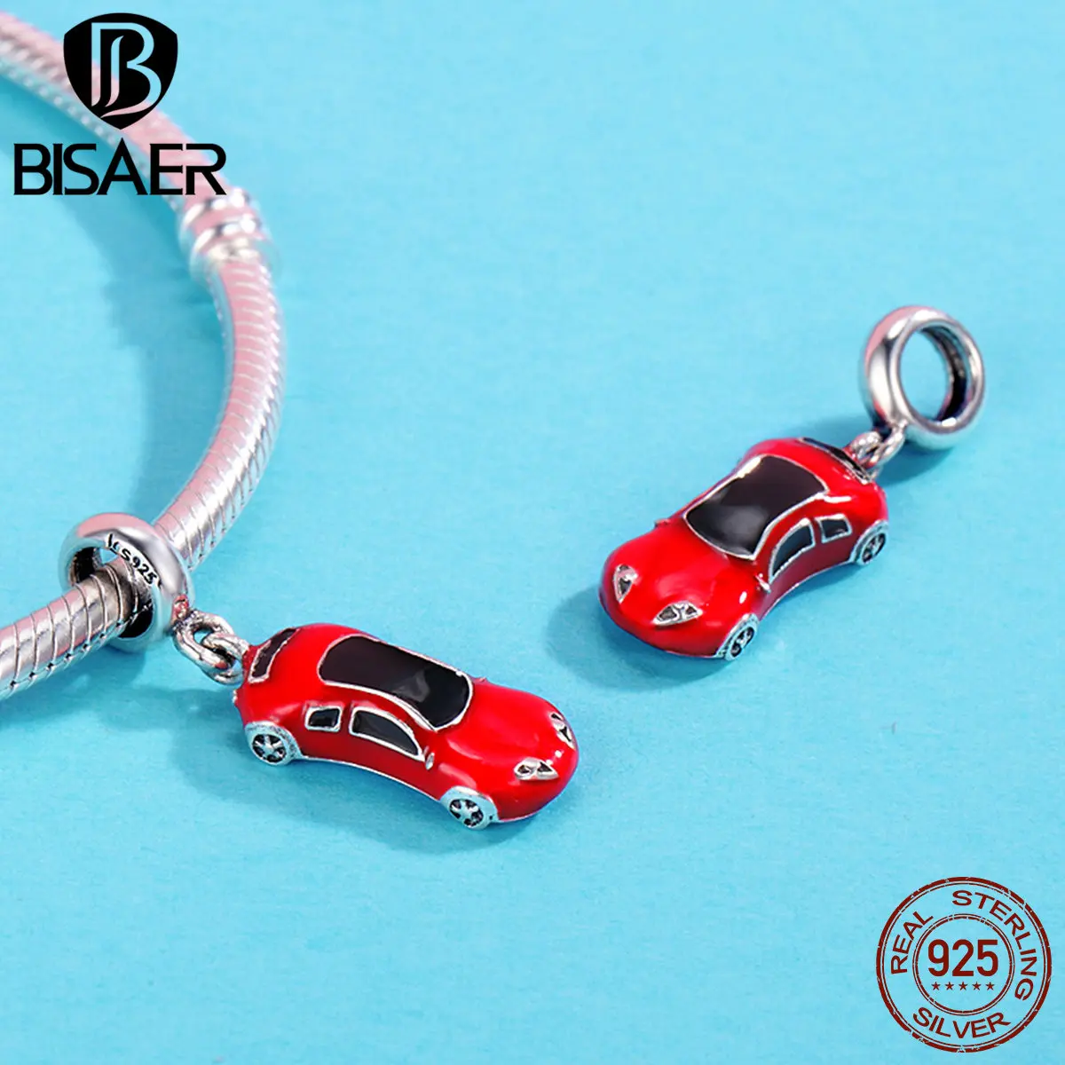 Authentic 100 925 Sterling Silver Cool Racing Car, Red Sports Car Pendant Bead Fit Original