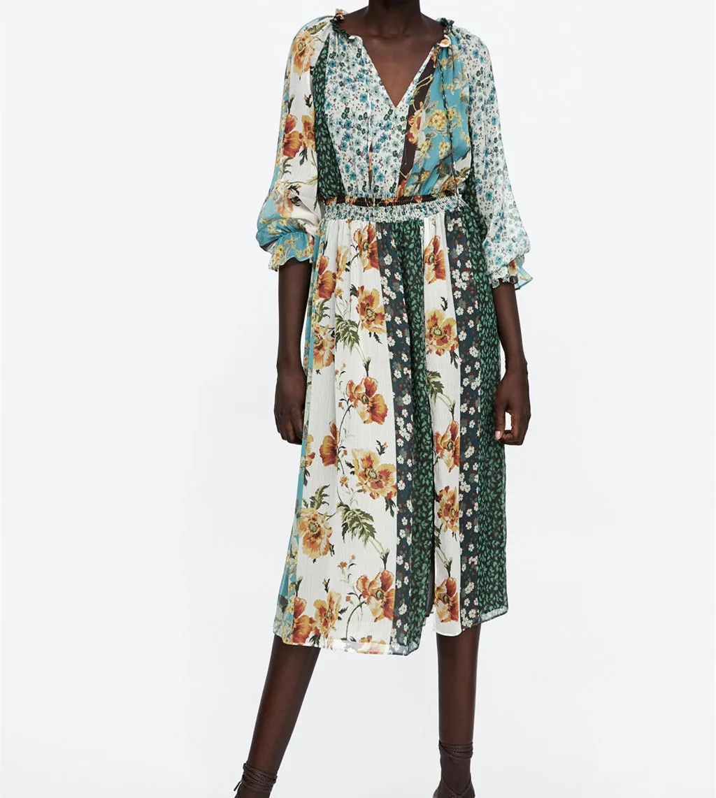 

Autumn Women Vintage Green Floral Print Elastic Waist Lacing up Collar Long Sleeve Office Lady Wear Party Mid-long Party Dress