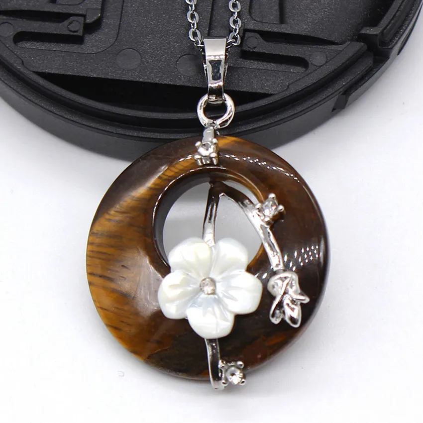 

100-Unique 1 Pcs Silver Plated Round Hollow Flower of Life Natural Tiger Eye Stone Pendant Necklace For Anniversary