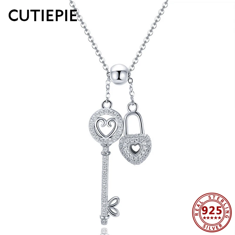 

CUTIEPIE Real 925 Sterling Silver Heart key Lock Necklace for Women Zircon Pendant Necklaces Silver Jewelry Party Wedding Gifts