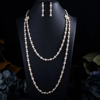 

Accking Luxury full Zirconia women jewelry set necklace and earrings long tassel party gift accessory
