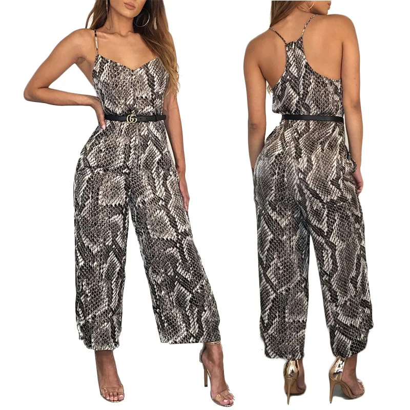 Snake Skin Print Spaghetti Strap playsuit Sexy Long Jumpsuit Overalls New Deep V Neck Backless Wide Leg Rompers Womens |