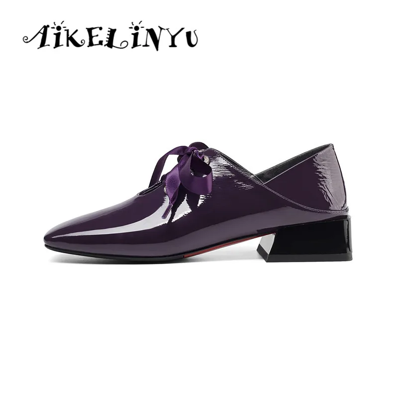 AIKELINYU/женская повседневная обувь из воловьей кожи наивысшего качества, ручной работы, на низком каблуке, фиолетового цвета женские туфли-лодочки из натуральной кожи на шнуровке, с квадратным носком, на низком каблуке