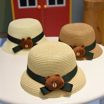 

New Baby boy and girl hats Child beach sunbeater cute cartoon bear sun hat summer travel vocation child fisherman straw hat caps