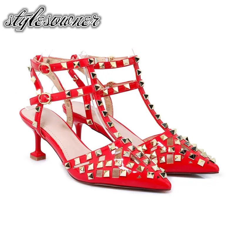 

Stylesowner 2018 Popular Euramerican Style Hot Low Heels Woman Sandals Red Solid Color with Rivet Genuine Leather Sexy Sandals