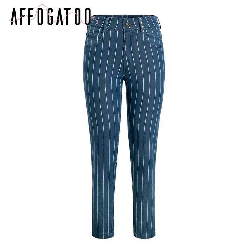 Affogatoo Sexy stripe denim women zipper pants Fashion pocket blue jeans women Casual streetwaer skinny slim autumn trousers