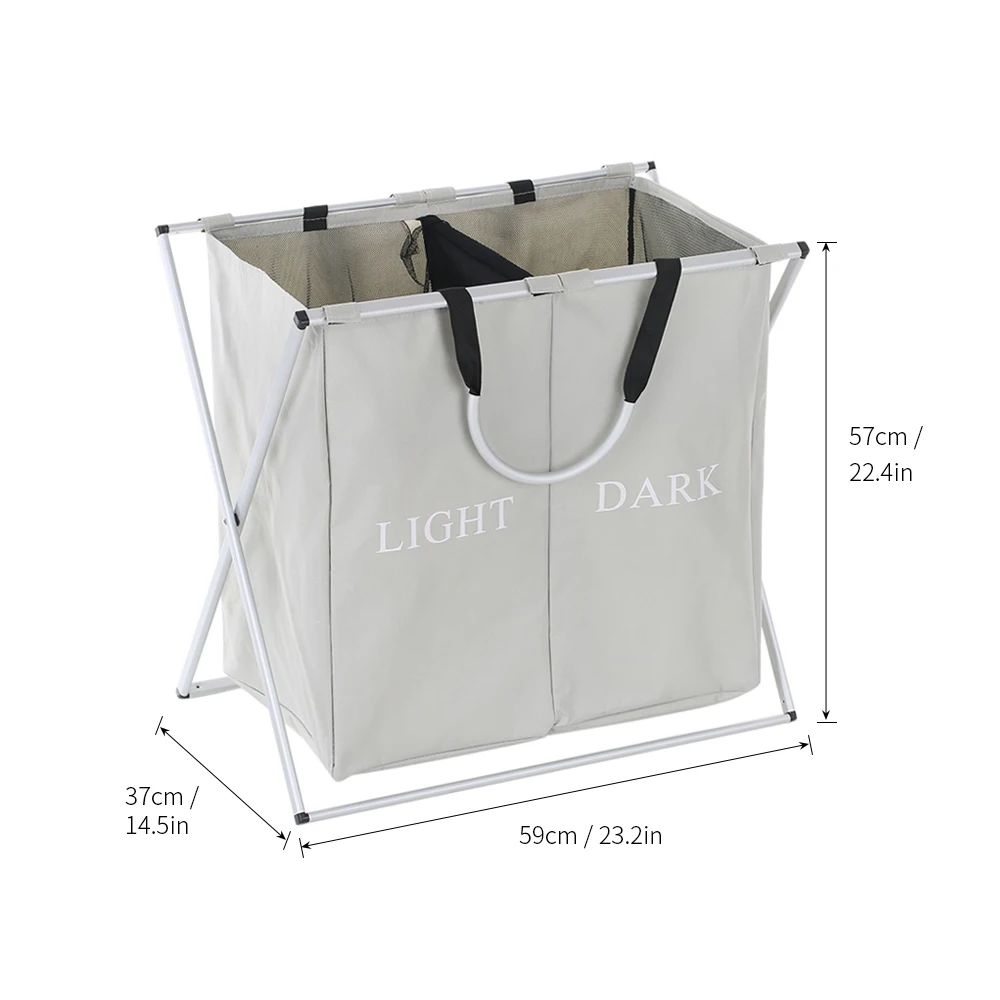 Foldable X-frame Oxford Laundry Basket Hamper Mesh Drawstring Dirty Clothes Bin Organizer with Detachable Frames 2 Sections