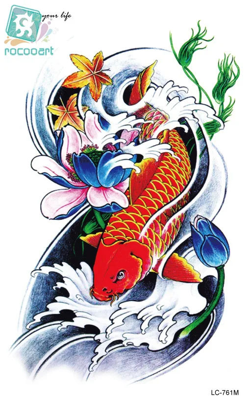 

Rocooart LC2761M 21X13cm Large Flash Tatoo Sticker Red Golden Fish Drawing Cool Temporary Tattoo Stickers for Arm Shoulder