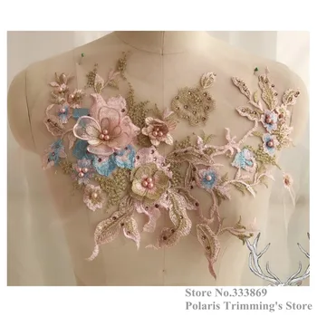 

New Light Pink Blue Gold Beaded Pearled RhinestoneD 3D Flower Embroidery Lace Appliques Patches Dance Wedding DECOR 5pcs/lot M7H