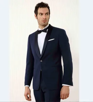 

Custom Made Black Lapel Groom Tuxedos Navy Blue Mens Suits Wedding Best Man (Jacket+Pants+Tie)