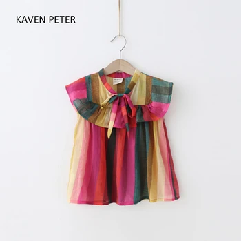 

Toddler girl summer dress colors striped pleated girl dress children summer Jump suit kids princess dress beach dress one-piece