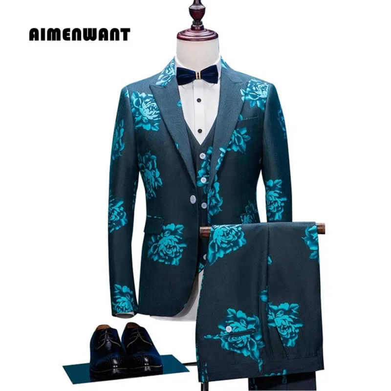 AI, Мужская одежда для мужчин, костюм с зеленым цветком, с одной пуговицей, с принтом, блейзер для выпускного вечера, нежная ретро куртка+ брюки+ жилет, костюмы, комплект