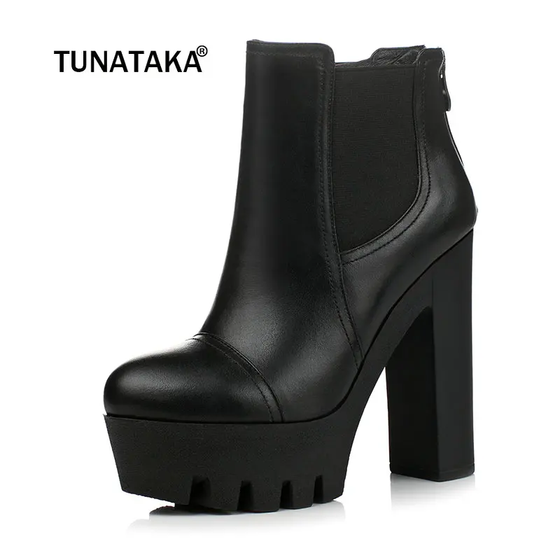 

Women Genuine Leather Platform Square Heel Ankle Boots Fashion Zipper Round Toe Winter Shoes Black