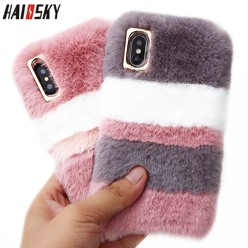 

HAISSKY Cute Rabbit Hair Fluff Case For iPhone 10 X XR XS Max Soft Winter Warm Fur Plush Phone Cover For iPhone 6s 7 8 Plus Case