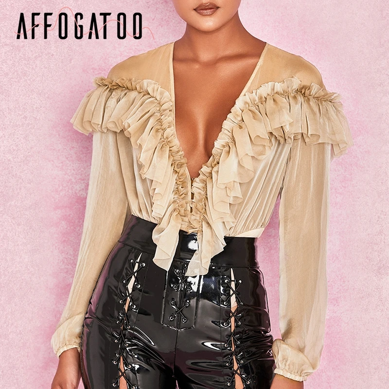 Affogatoo مثير v الرقبة أنيقة كشكش النساء ارتداءها قميص خمر طويلة الأكمام بلوزة ارتداءها 2019 الصيف السيدات playsuit رومبير