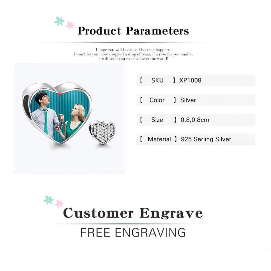 ELESHE Fashion 925 Sterling Silver Heart Charm for Bracelet Necklace Custom Photo Charm Engraved Beads for Lover Valentines Gift