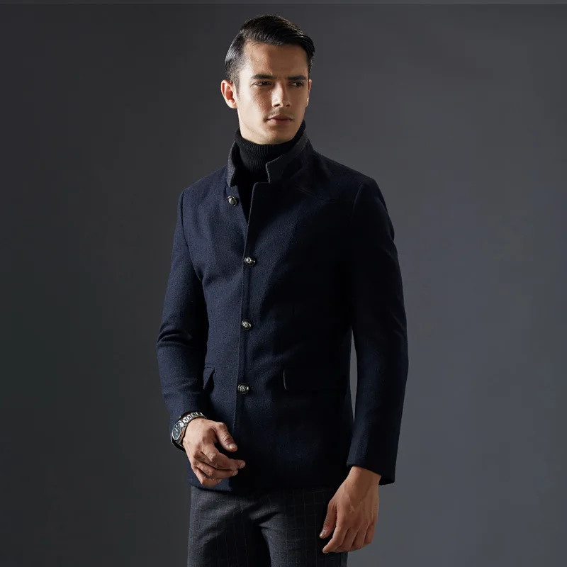 جديد سليم الوقوف طوق الرجال معطف الشتاء الصوف نوعية جيدة أسود أزرق داكن الألوان Cappotto أومو جديد سليم الوقوف طوق الرجال معطف الشتاء الصوف نوعية جيدة أسود أزرق داكن الألوان Cappotto أومو