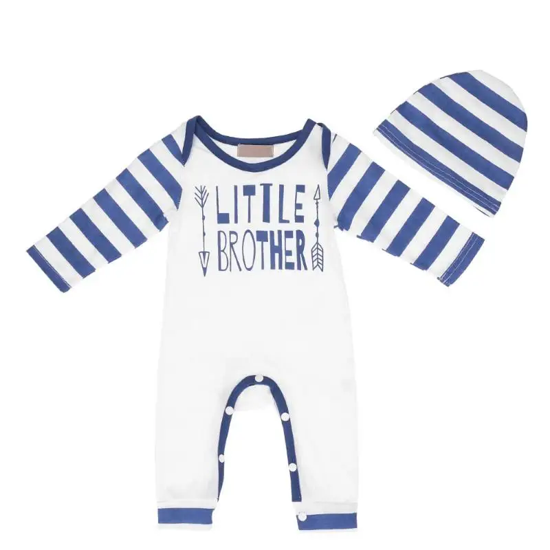 

2pcs/Set Newborn Autumn Jumpsuits Baby Boy Blue Stripe White Long Sleeves English Letters Romper + Hat for Boy Infants