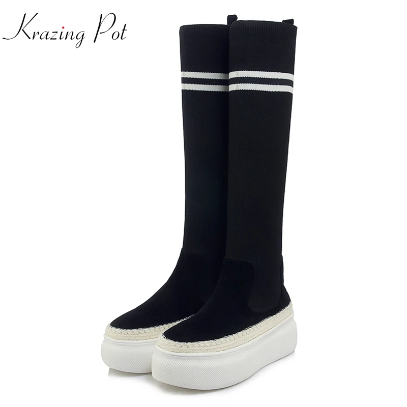 

Krazing Pot 2018 cow suede mixed color wedges leisure sole rivets string bead platform boots women slip on knee-high boots L6f1