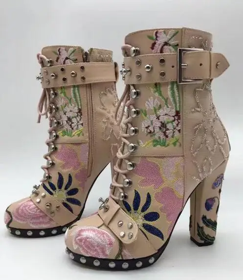 

Spring Fall new lace embroidery upper high-heeled Ladies boots lace-up buckle mid-calf boots rivet round-toe motorcycle boots