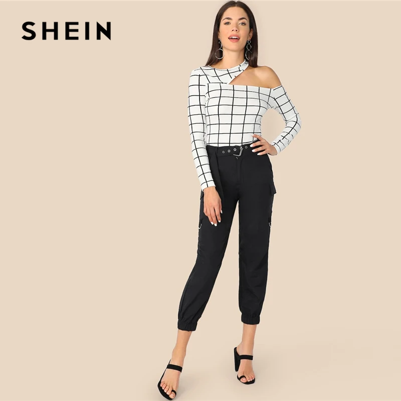 SHEIN Асимметричный Приталенный Топ С Вырезом Сексуальная Клетчатая Футболка
