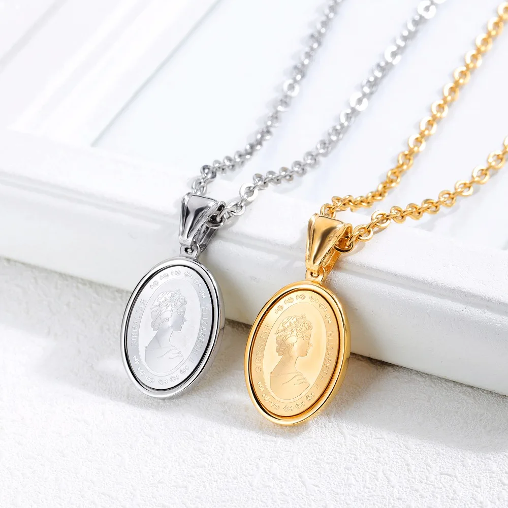 

Queen Elizabeth Oval Necklace in Stainless Steel Medallion Disc Necklace Everyday Necklace - Silver, Gold