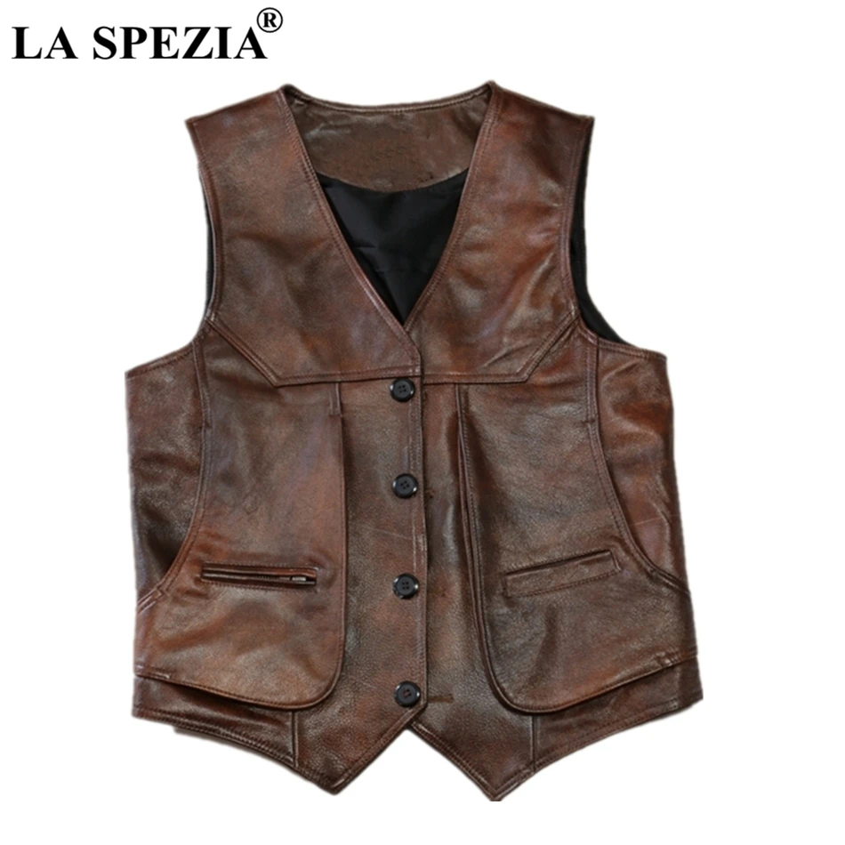 LA SPEZIA Brown Real Leather Vests Men Cow Leather Waistcoats Luxury ...