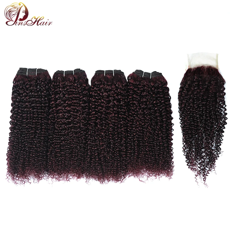 

Dark Red Burgundy Peruvian 100 Human Hair Extension Kinky Curly 4 Bundle With Closure Grape Purple Hair Nonremy Pinshair No Shed