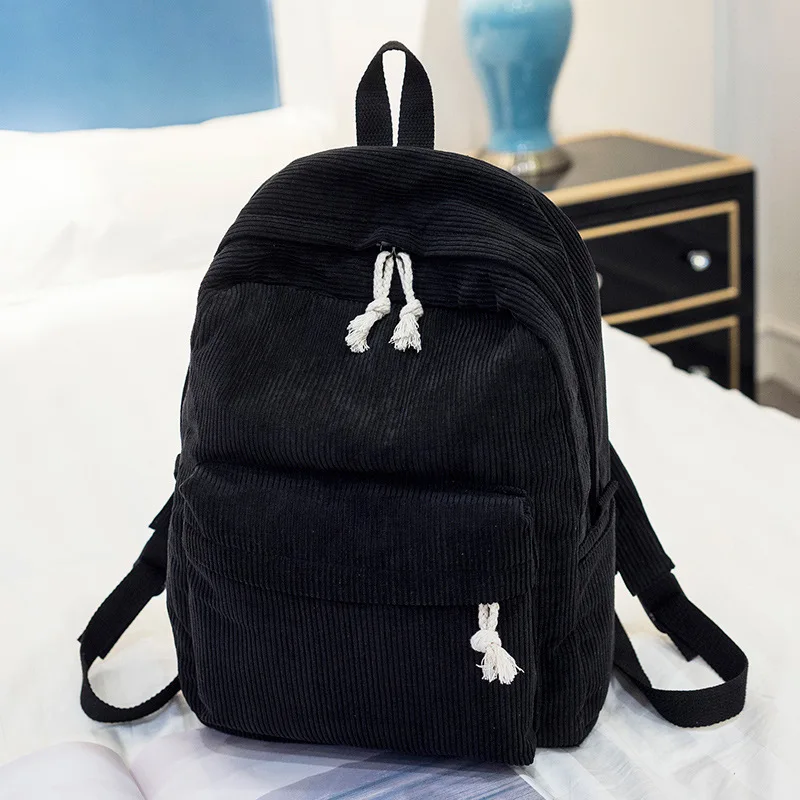 BONAMIE, школьный рюкзак для девочек-подростков, вельветовый серый Рюкзак из мягкой ткани, женский полосатый рюкзак для женщин, школьная сумка - Цвет: Black