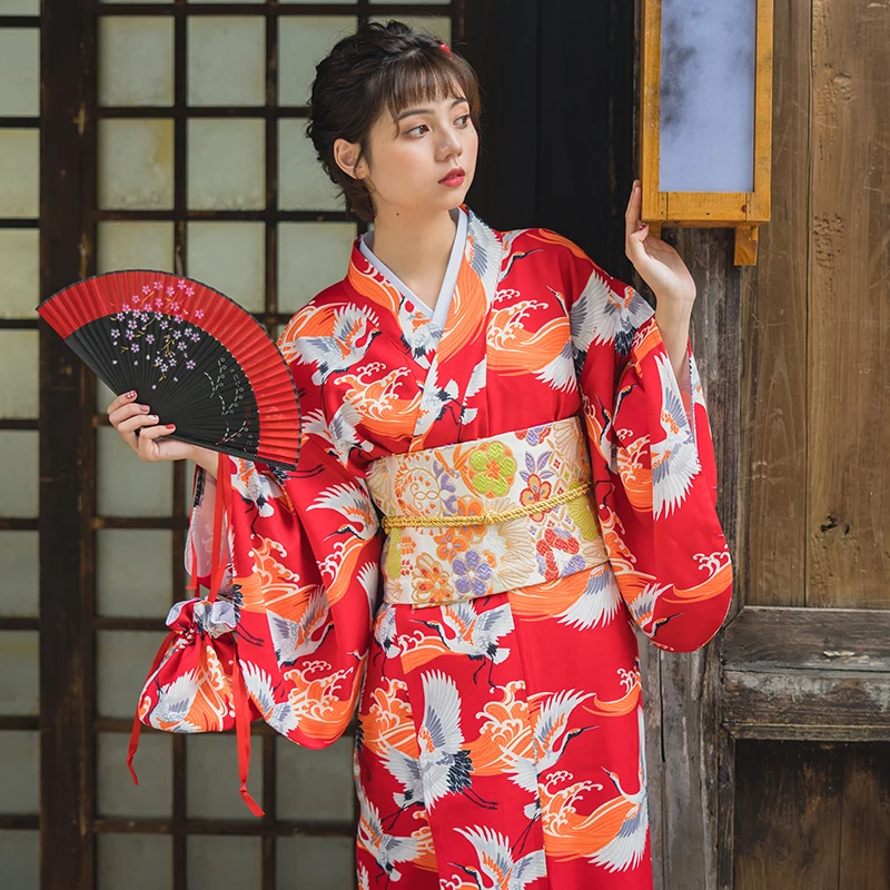 Женские Японии кимоно красного цвета журавль печатает Yuaka халат костюмы для косплея для выступления на сцене/фото стрельба одежда