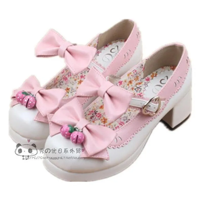

Japanese Mori Girl Lolita Strawberry Bell Shoes Round Head Middle Heel Bowknot Princess Kawaii Girl Women Shoes