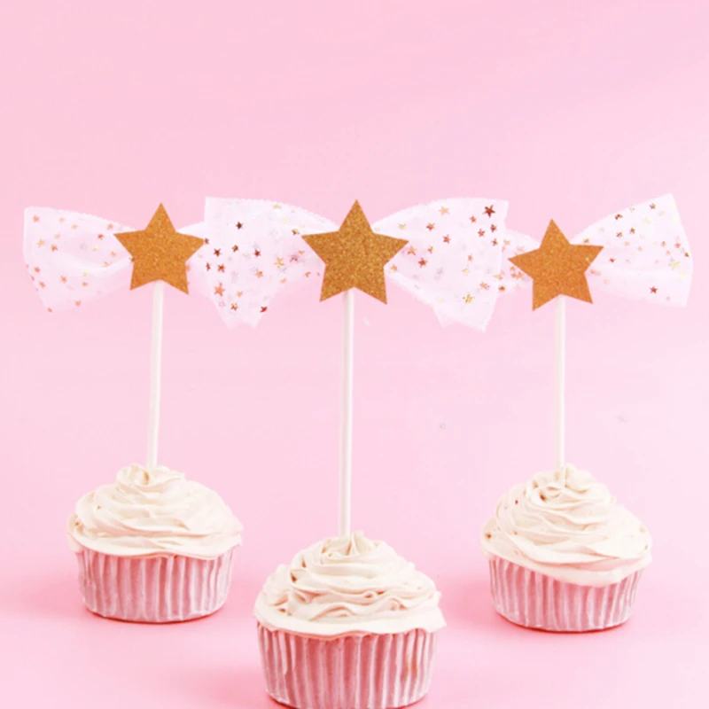 3pcs pack New Bowknot Star Cupcake Topper Birthday Decor  