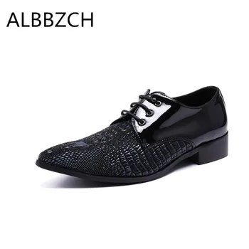 

New mens fashion embossed patent leather wedding dress shoes men pointed toe lace up nightclub bars career work man shoes 45 46