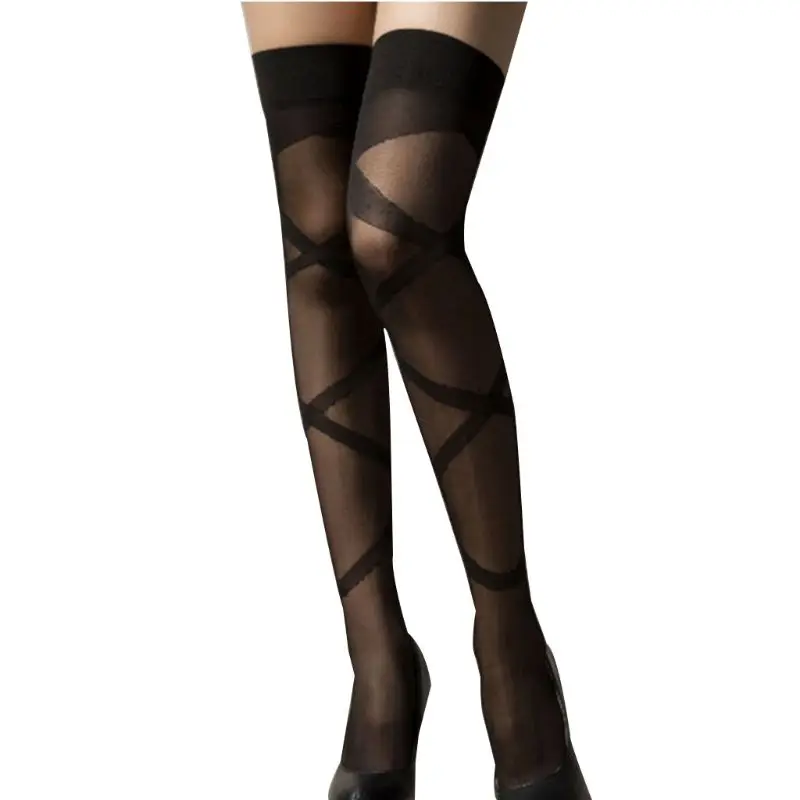 Women Sexy Sheer Long Socks Wide Top Patchwork Over Knee Thigh High Criss Cross Striped Pattern Footed Lingerie Women Sexy Sheer Long Socks Wide Top Patchwork Over Knee Thigh High Criss Cross Striped Pattern Footed Lingerie