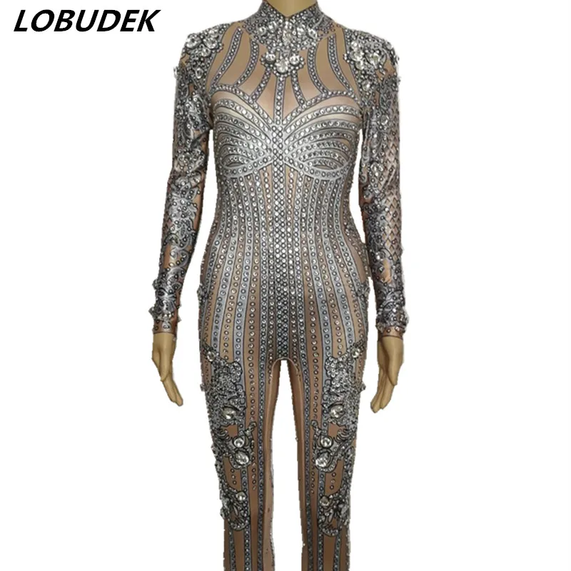 Crystals Jumpsuit Female costumes sexy Rhinestones Jumpsuits