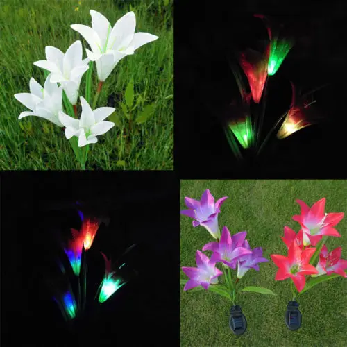 

Fashionable Outdoor Solar Powered Simulation Flower Light 4 LED Lily Stake Lamp Home Garden Yard Decoration 3 Colors To Choose