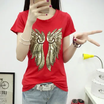 

Basic T-shirt 2017 Spring Summer Women Cotton T Shirt Tops Korea Sequined Short Sleeve T-shirts All-match O-neck Female Top Tees