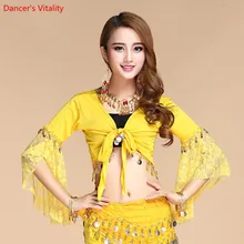 Nuevo traje de danza del vientre de las mujeres de encaje de manga corta monedas de oro Tops y camisetas ropa India Tops para danza del vientre