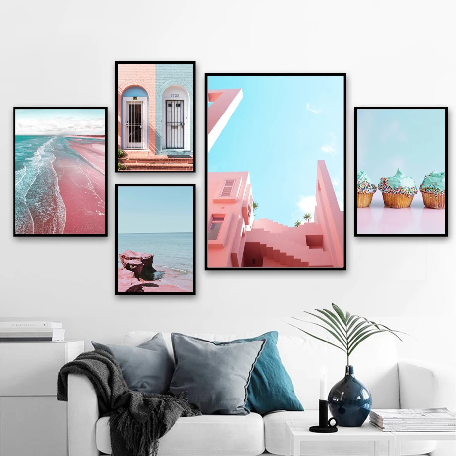 Gohipang Pink Beach Sea Decor Stone Stair Ice Cream Wall Art Canvas Painting Nordic Posters And Prints Pictures Living Room | Дом и сад