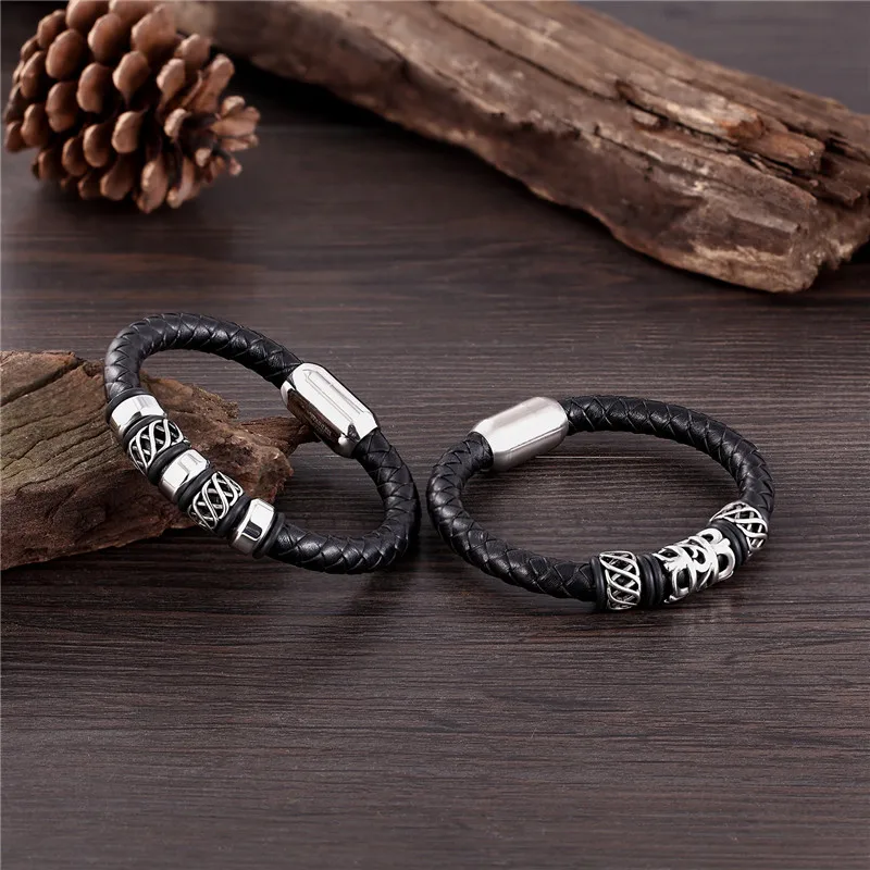 MKENDN New Genuine Braided Leather Bracelet Men Leo Lion Skull Stainless Steel Magnetic Clasp Bangles Fashion Punk Male Jewelry