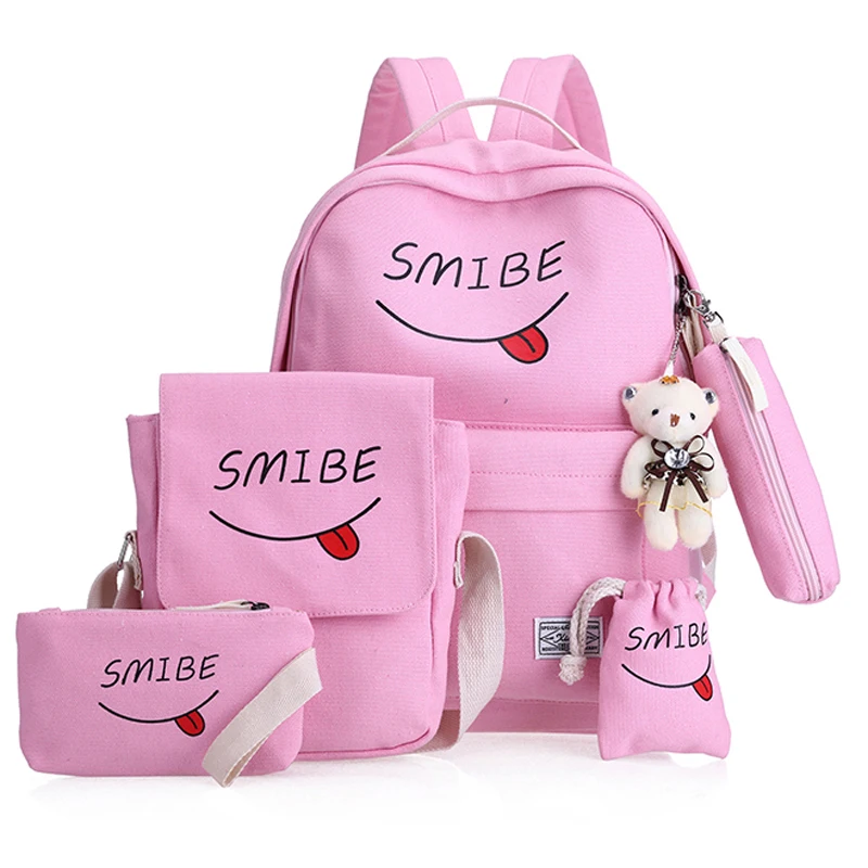 

Women Canvas 6Set Backpack Printing Students Bookbag 5 Pcs School Bag Set For Youth Girls With Purse Bear Mochila shoulder bags