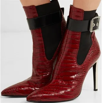 

Fashion Red Python Snake Prints Studded Ankle Boots For Women Lady Snakeskin Texture Short Boots Design High Heels Shoes Women
